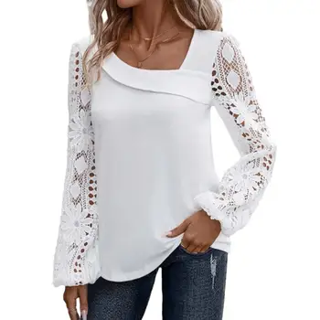 Женская весенняя рубашка с прозрачным кружевом, длинный рукав, однотонный, с наклонным V-образным вырезом, свободный мягкий повседневный пуловер, женский топ для поездок на работу